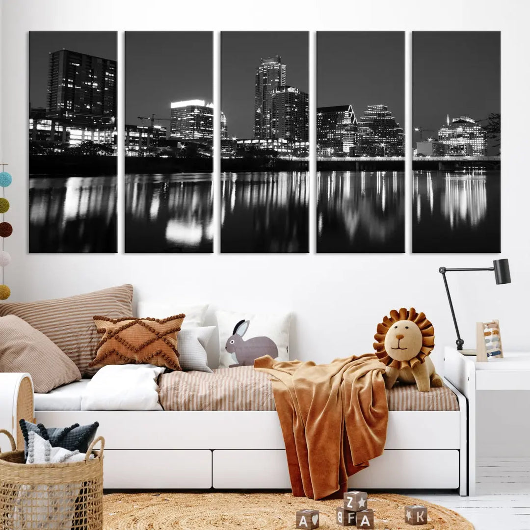 Black and White Austin City Lights Cityscape Skyline Wall Art Canvas Print