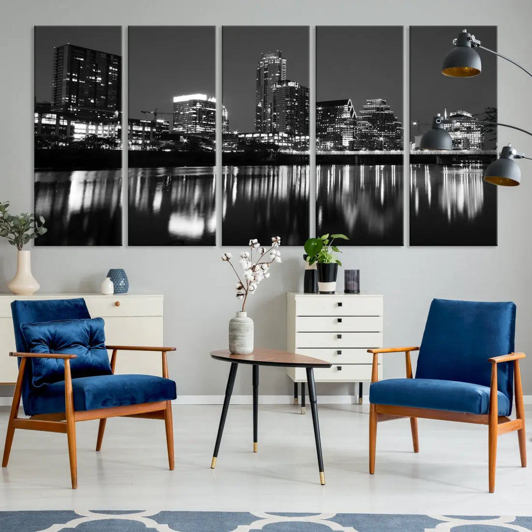 Black and White Austin City Lights Cityscape Skyline Wall Art Canvas Print