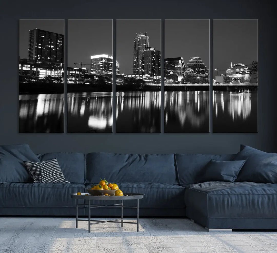 Black and White Austin City Lights Cityscape Skyline Wall Art Canvas Print