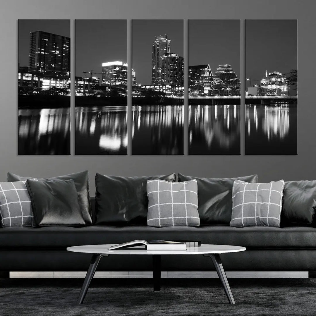 Black and White Austin City Lights Cityscape Skyline Wall Art Canvas Print