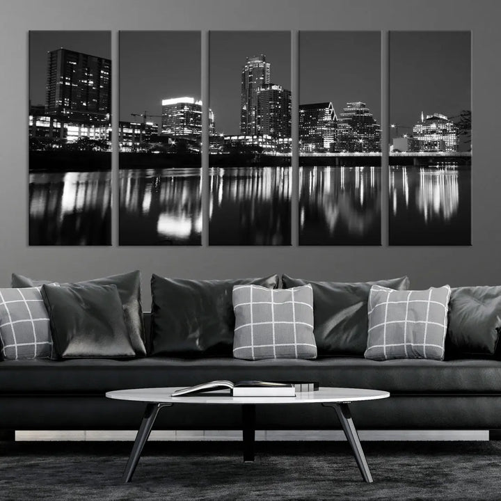 Black and White Austin City Lights Cityscape Skyline Wall Art Canvas Print