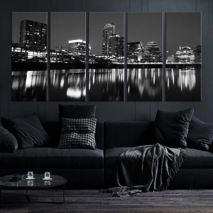 Black and White Austin City Lights Cityscape Skyline Wall Art Canvas Print