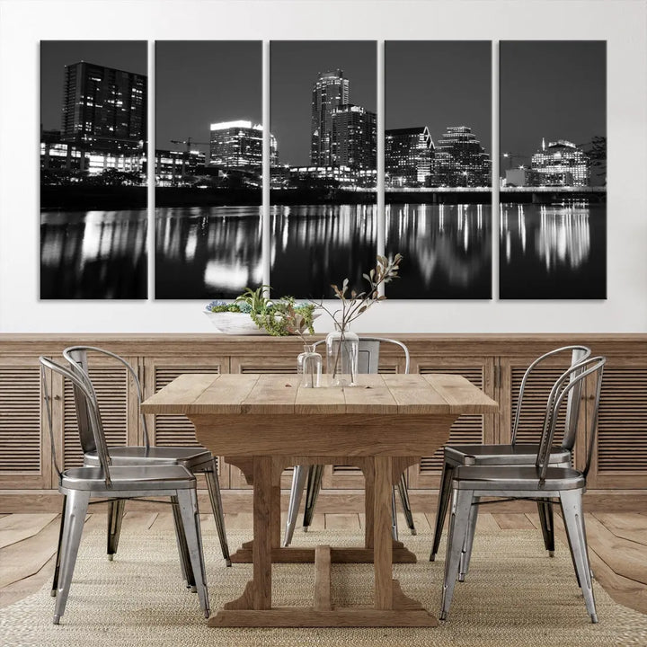 Black and White Austin City Lights Cityscape Skyline Wall Art Canvas Print