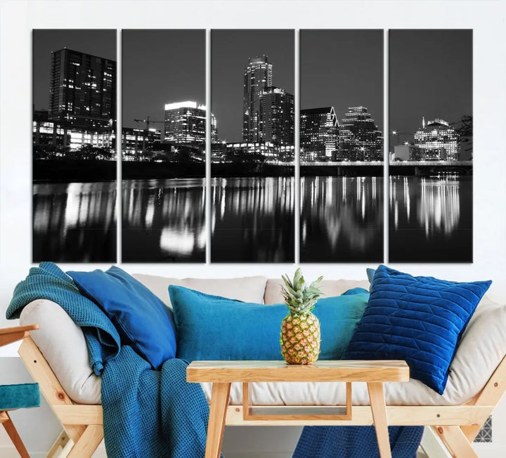 Black and White Austin City Lights Cityscape Skyline Wall Art Canvas Print