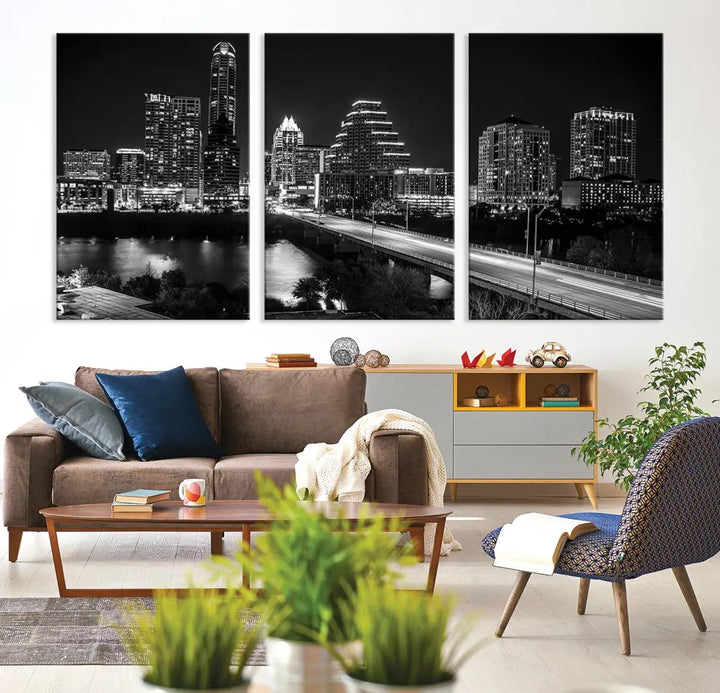 Black and White Austin Cityscape Wall Art Austin City Skyline Canvas Print