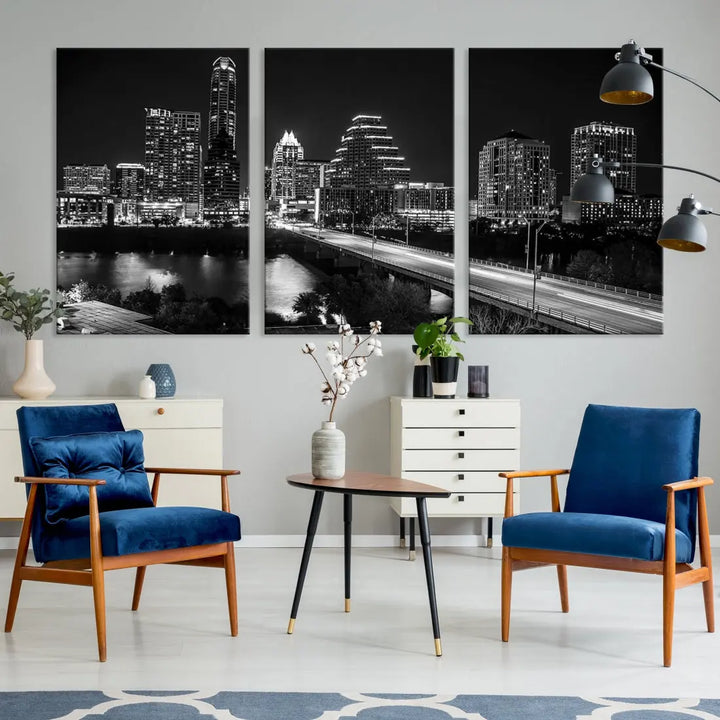 Black and White Austin Cityscape Wall Art Austin City Skyline Canvas Print