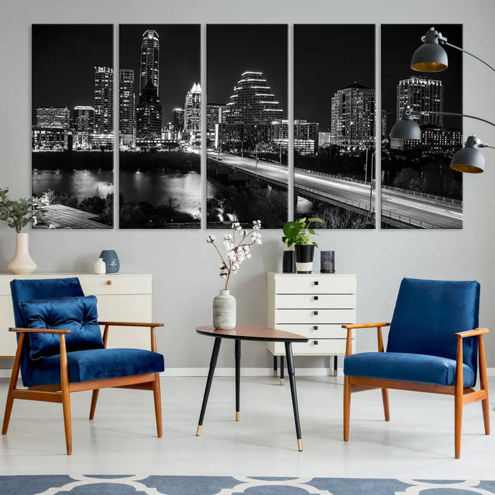 Black and White Austin Cityscape Wall Art Austin City Skyline Canvas Print