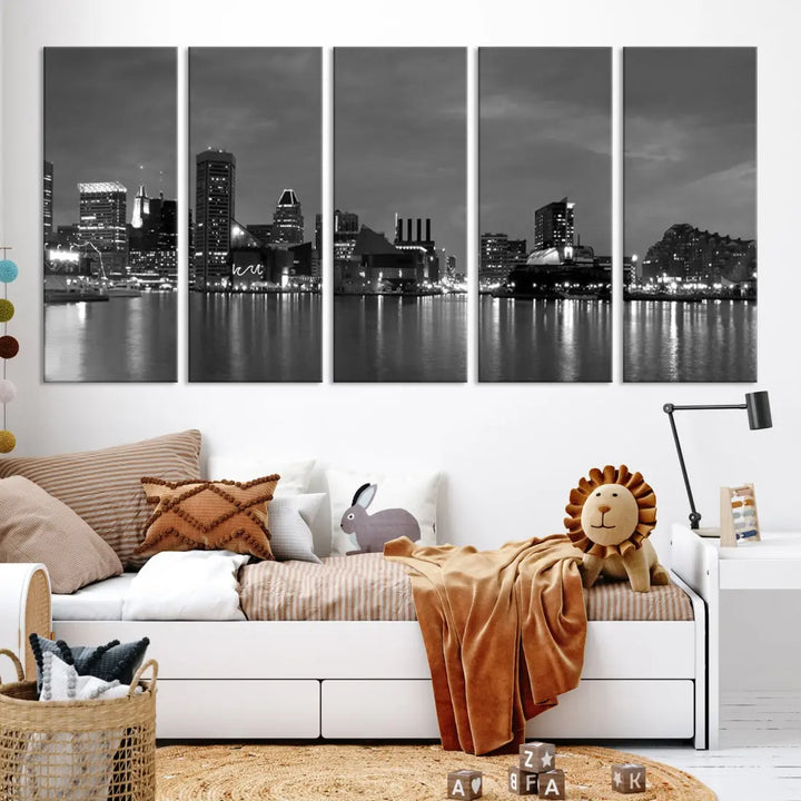 Black and White Baltimore City Skyline Wall Art Cityscape Canvas Print