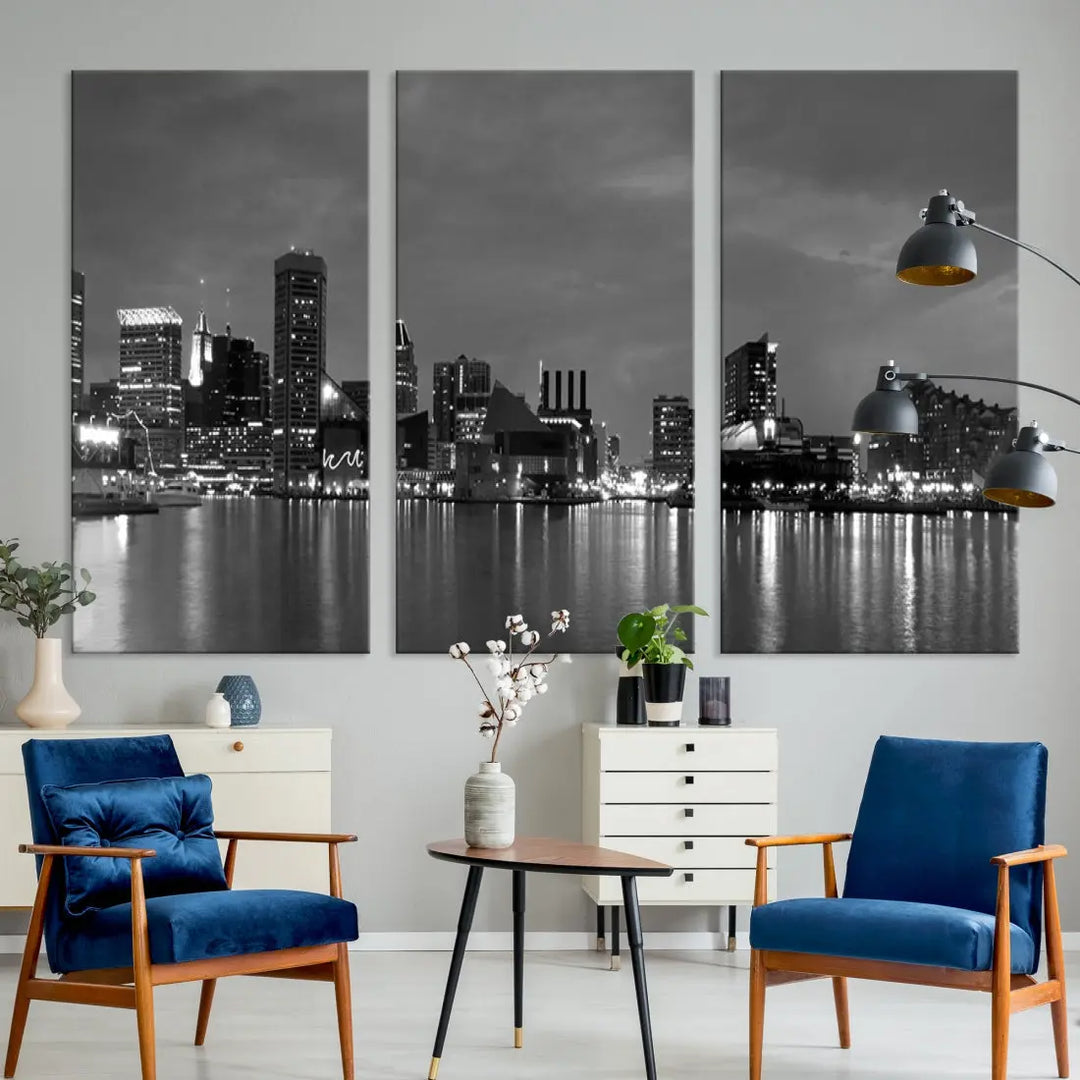 Black and White Baltimore City Skyline Wall Art Cityscape Canvas Print