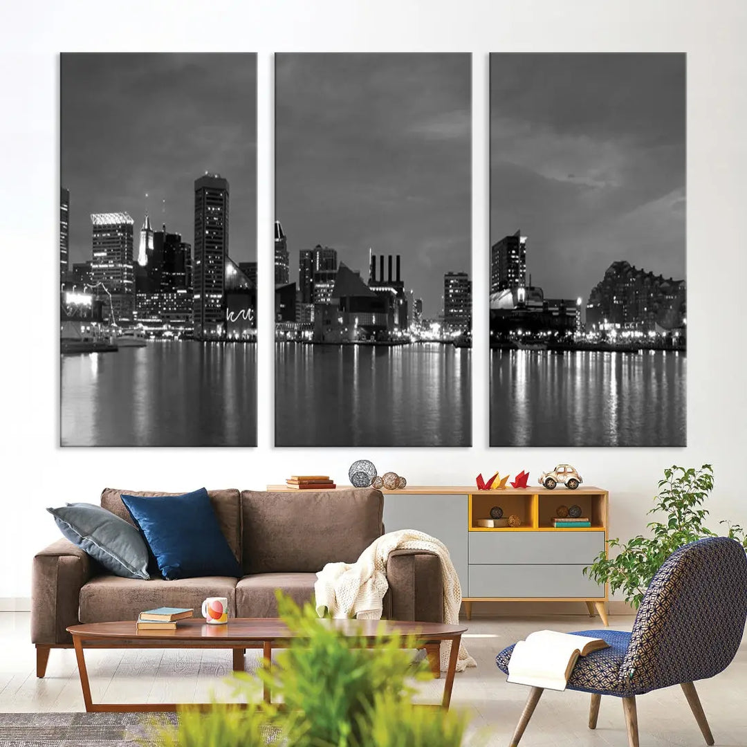 Black and White Baltimore City Skyline Wall Art Cityscape Canvas Print