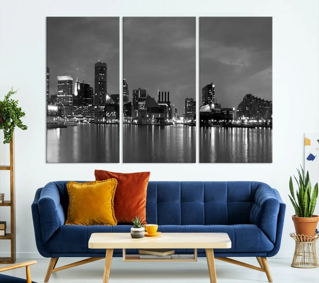 Black and White Baltimore City Skyline Wall Art Cityscape Canvas Print