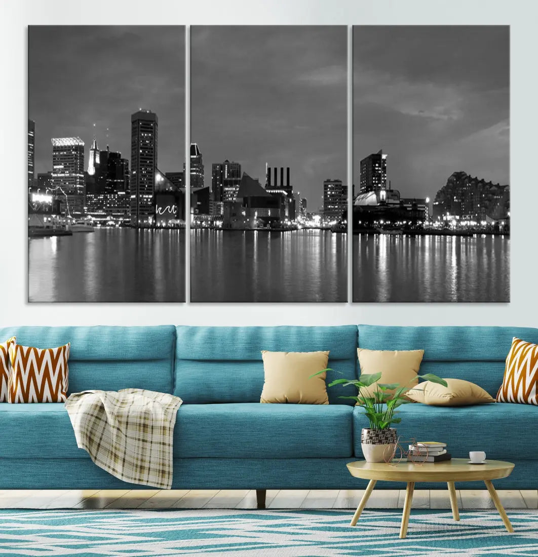 Black and White Baltimore City Skyline Wall Art Cityscape Canvas Print