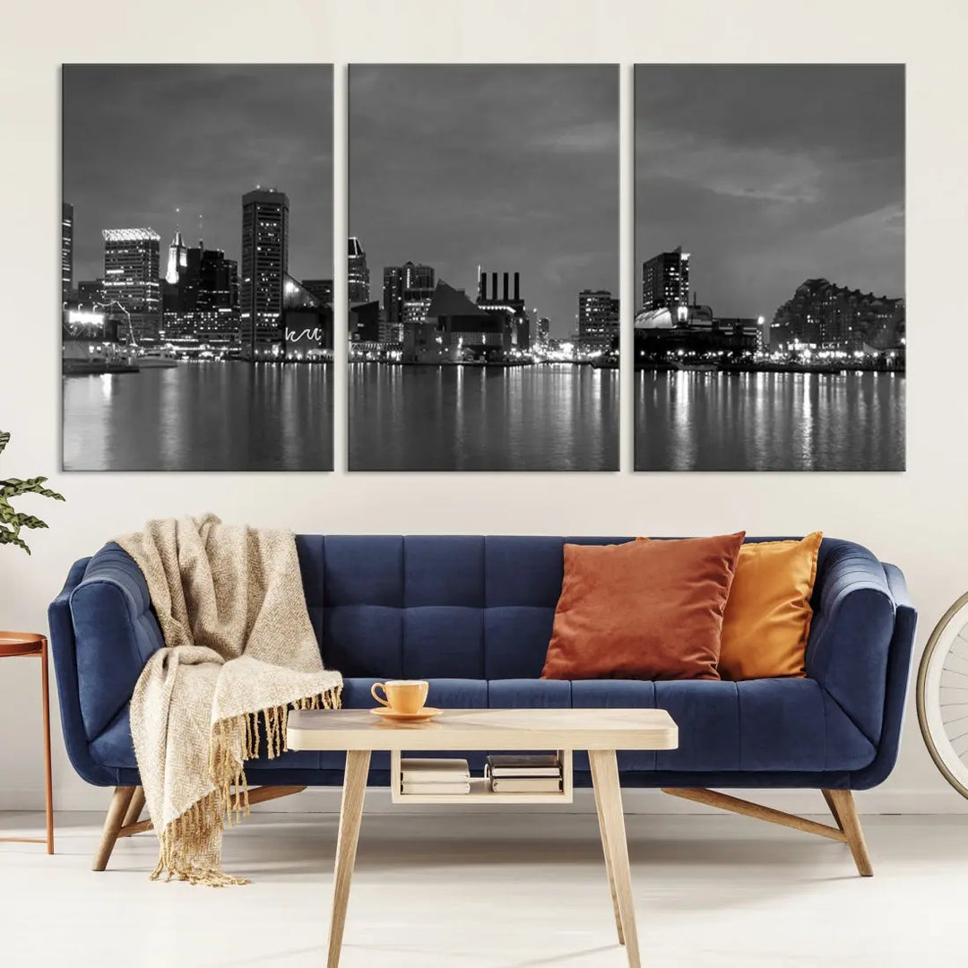 Black and White Baltimore City Skyline Wall Art Cityscape Canvas Print