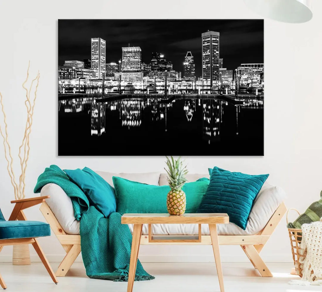 Black and White Baltimore Downtown Night Skyline Wall Art Cityscape Canvas Print