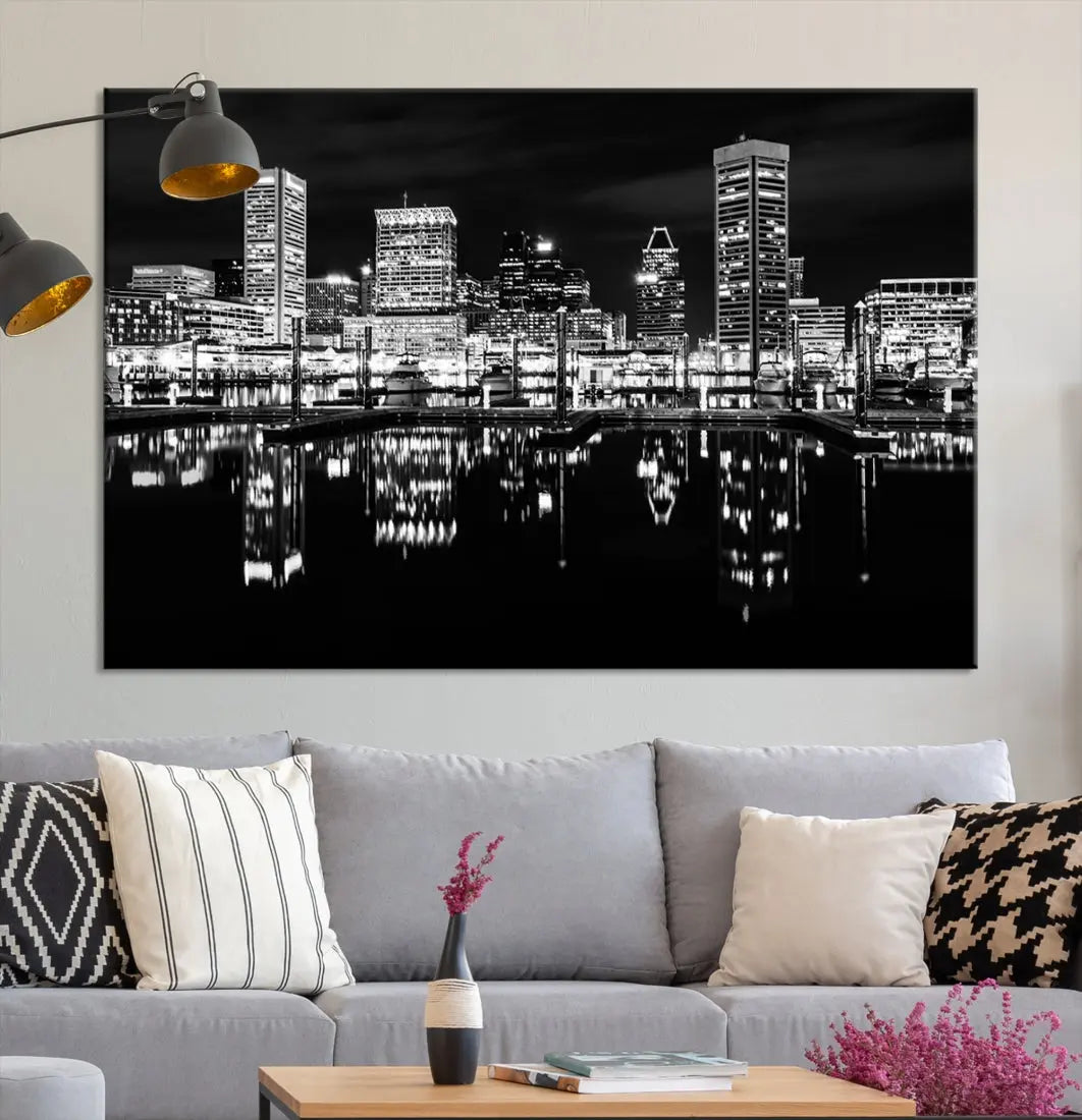 Black and White Baltimore Downtown Night Skyline Wall Art Cityscape Canvas Print