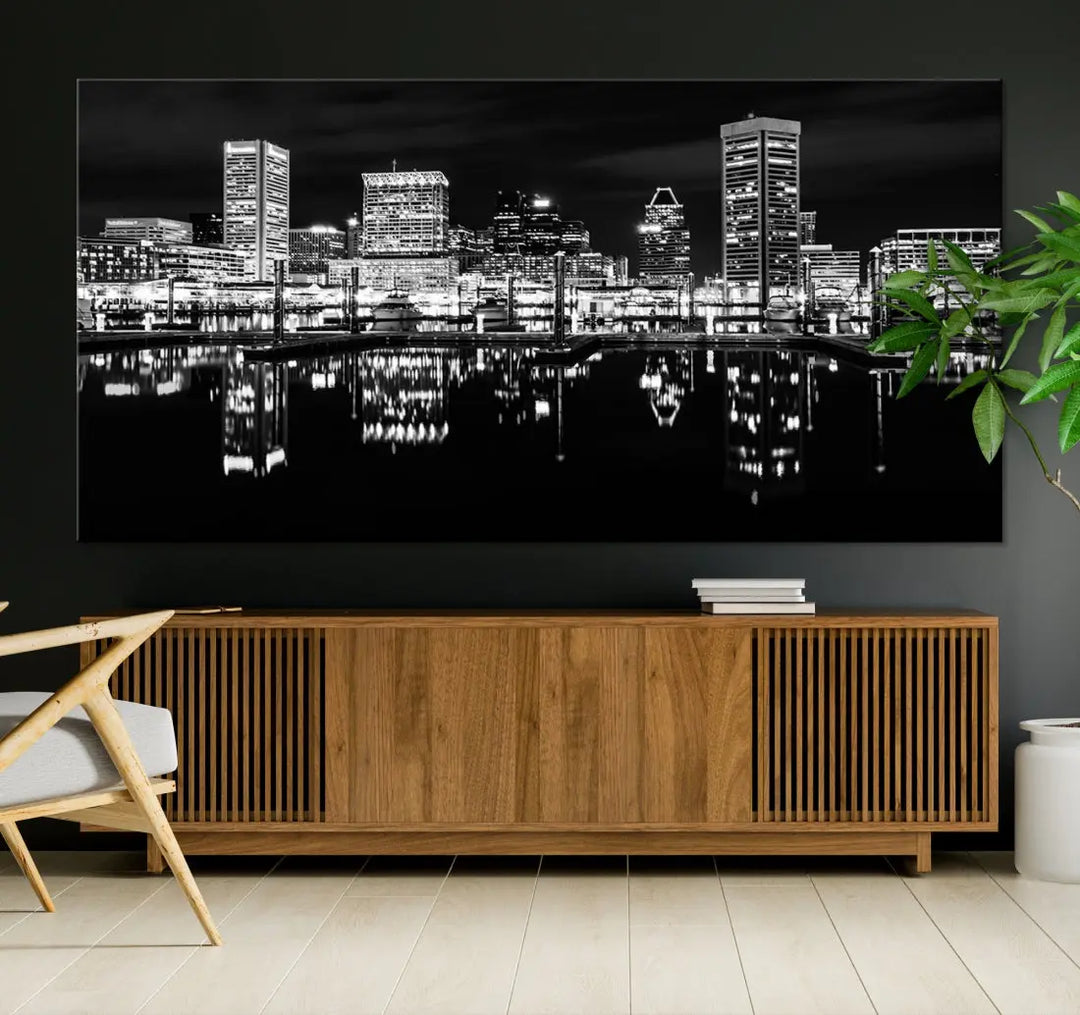 Black and White Baltimore Downtown Night Skyline Wall Art Cityscape Canvas Print