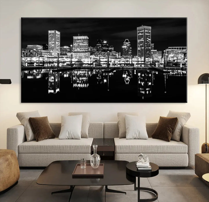 Black and White Baltimore Downtown Night Skyline Wall Art Cityscape Canvas Print