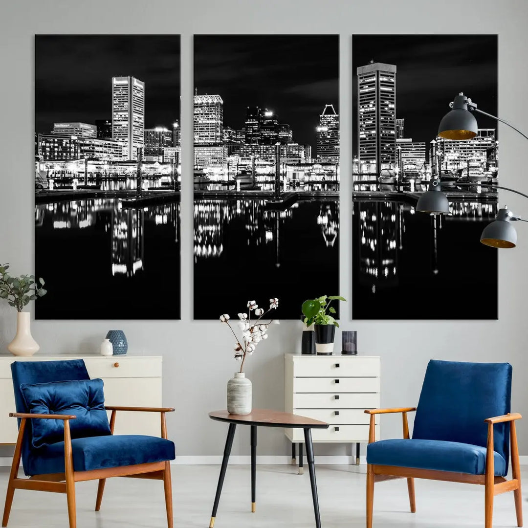 Black and White Baltimore Downtown Night Skyline Wall Art Cityscape Canvas Print