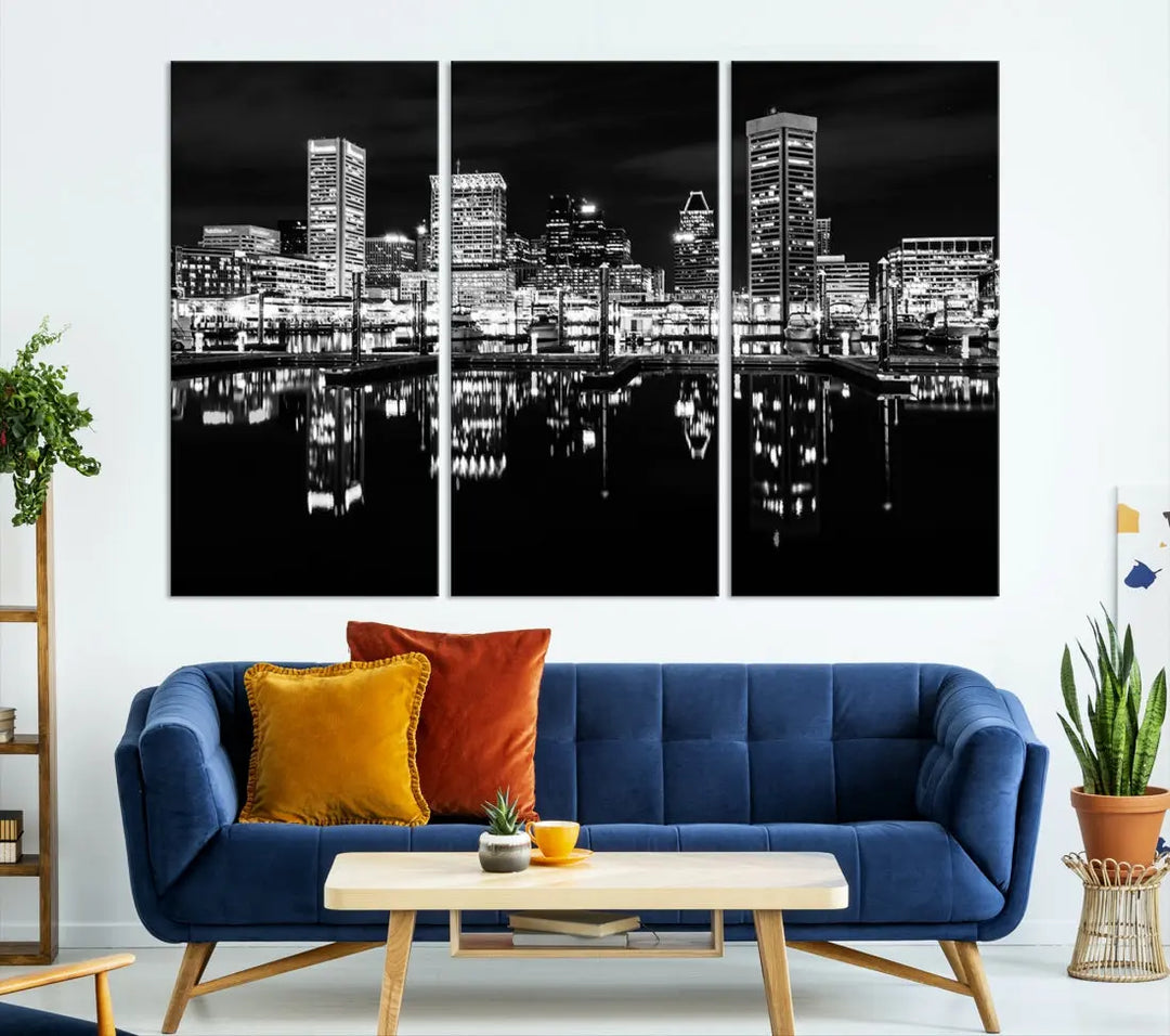 Black and White Baltimore Downtown Night Skyline Wall Art Cityscape Canvas Print