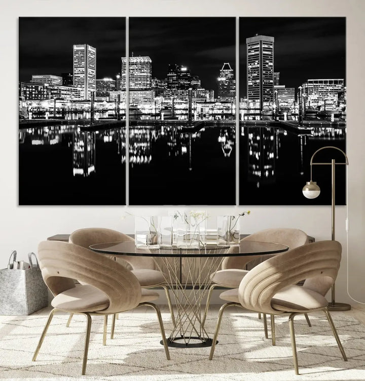 Black and White Baltimore Downtown Night Skyline Wall Art Cityscape Canvas Print