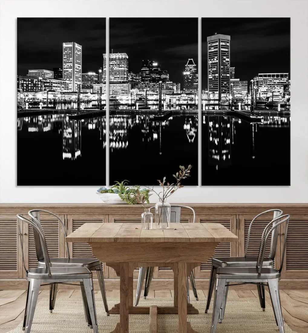 Black and White Baltimore Downtown Night Skyline Wall Art Cityscape Canvas Print