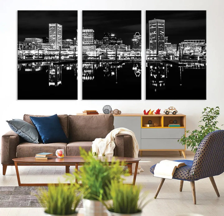 Black and White Baltimore Downtown Night Skyline Wall Art Cityscape Canvas Print