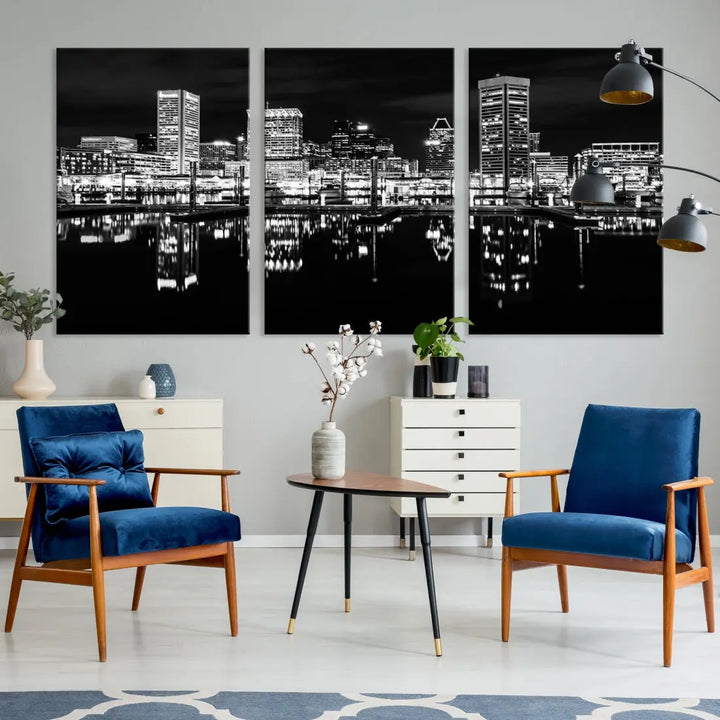 Black and White Baltimore Downtown Night Skyline Wall Art Cityscape Canvas Print