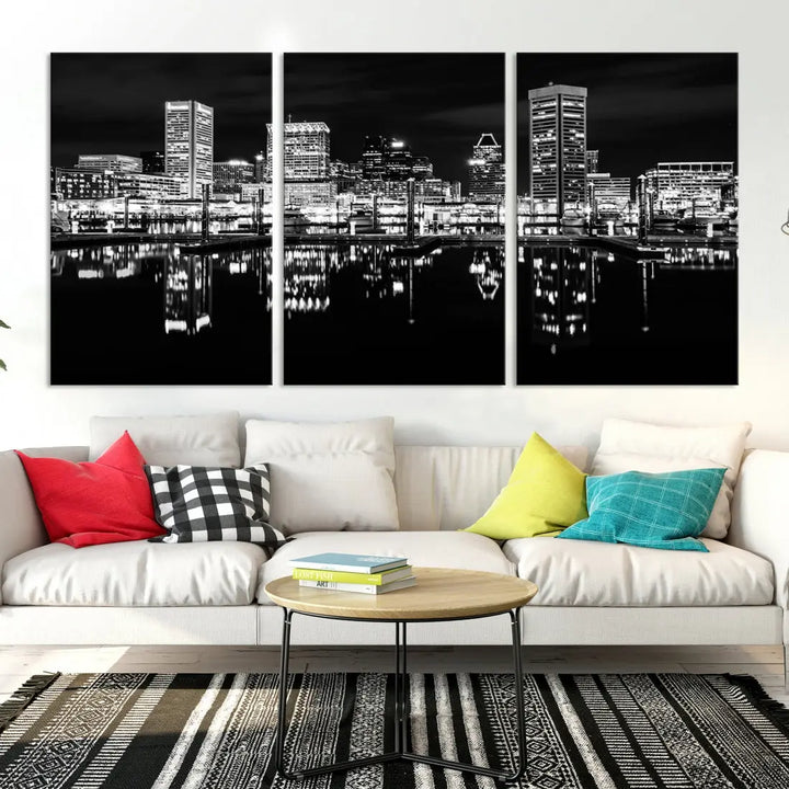 Black and White Baltimore Downtown Night Skyline Wall Art Cityscape Canvas Print