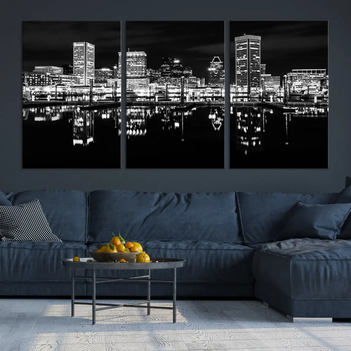 Black and White Baltimore Downtown Night Skyline Wall Art Cityscape Canvas Print