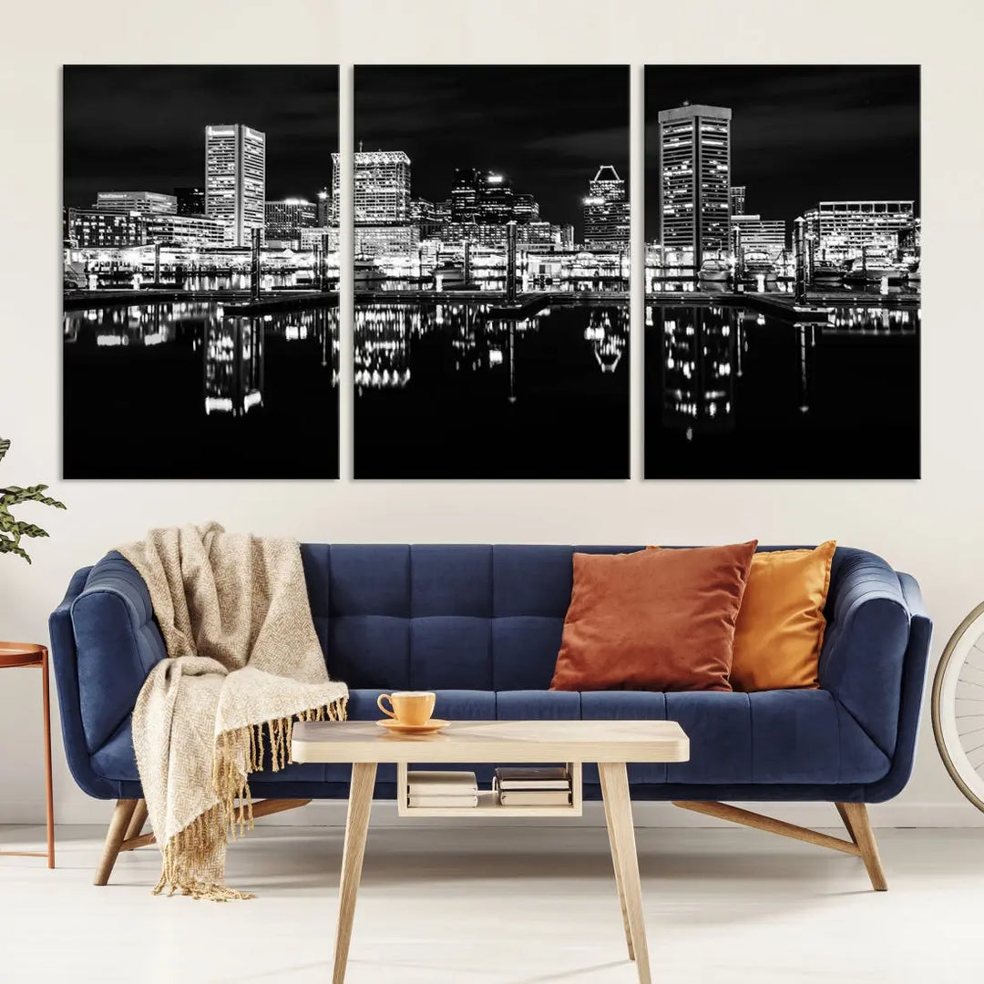 Black and White Baltimore Downtown Night Skyline Wall Art Cityscape Canvas Print