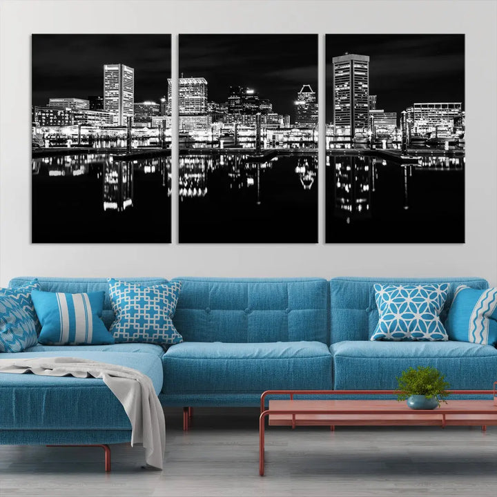 Black and White Baltimore Downtown Night Skyline Wall Art Cityscape Canvas Print