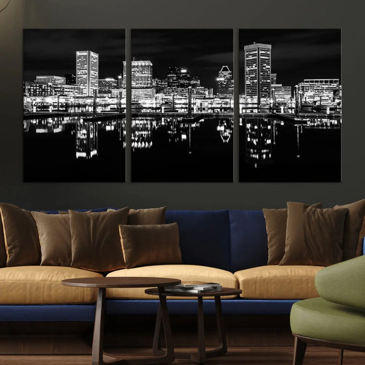 Black and White Baltimore Downtown Night Skyline Wall Art Cityscape Canvas Print