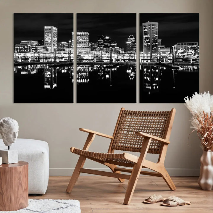 Black and White Baltimore Downtown Night Skyline Wall Art Cityscape Canvas Print