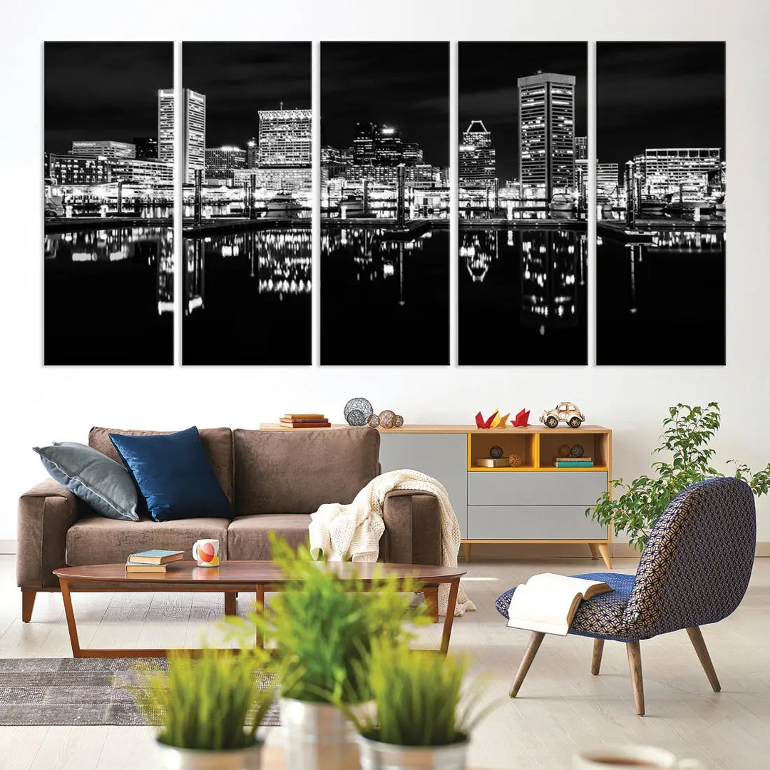 Black and White Baltimore Downtown Night Skyline Wall Art Cityscape Canvas Print