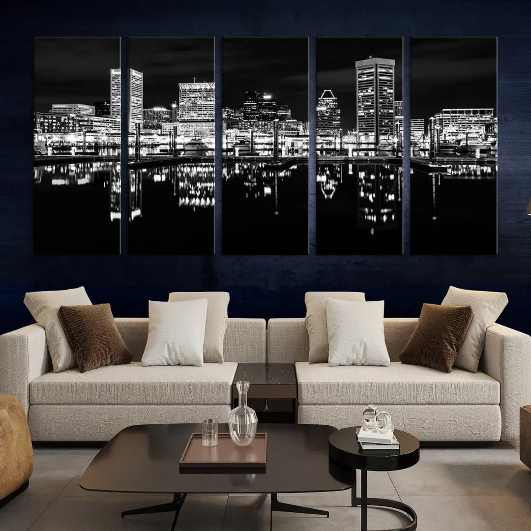 Black and White Baltimore Downtown Night Skyline Wall Art Cityscape Canvas Print