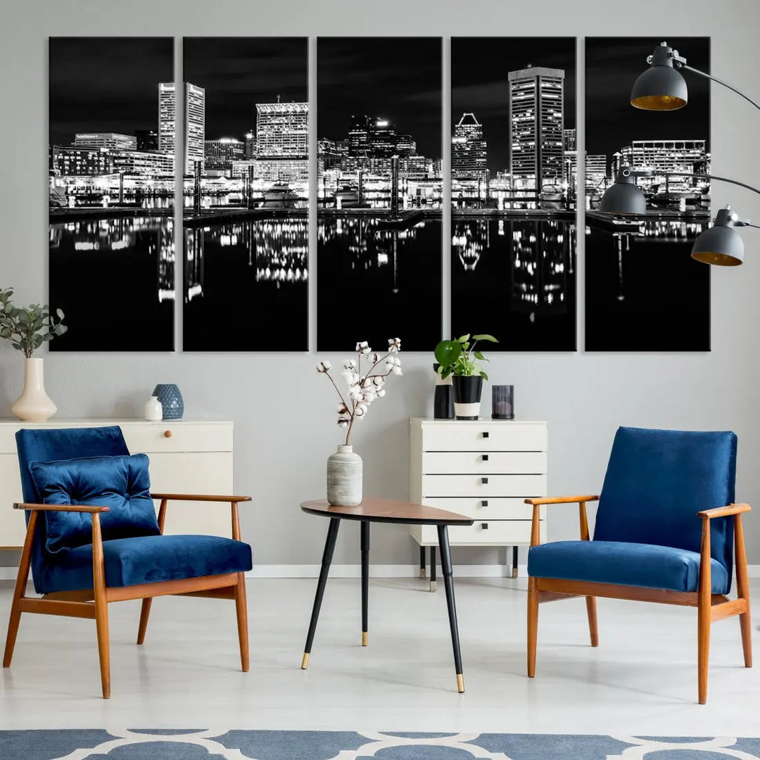 Black and White Baltimore Downtown Night Skyline Wall Art Cityscape Canvas Print