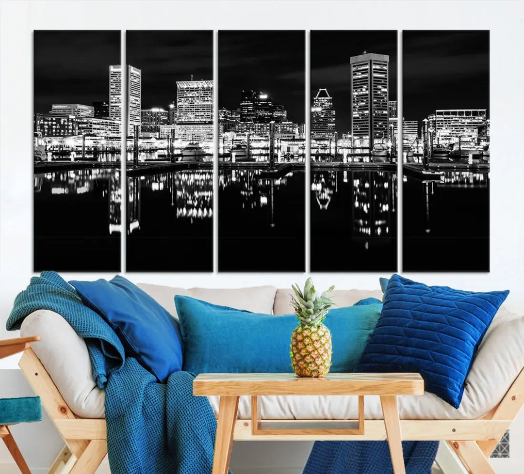 Black and White Baltimore Downtown Night Skyline Wall Art Cityscape Canvas Print