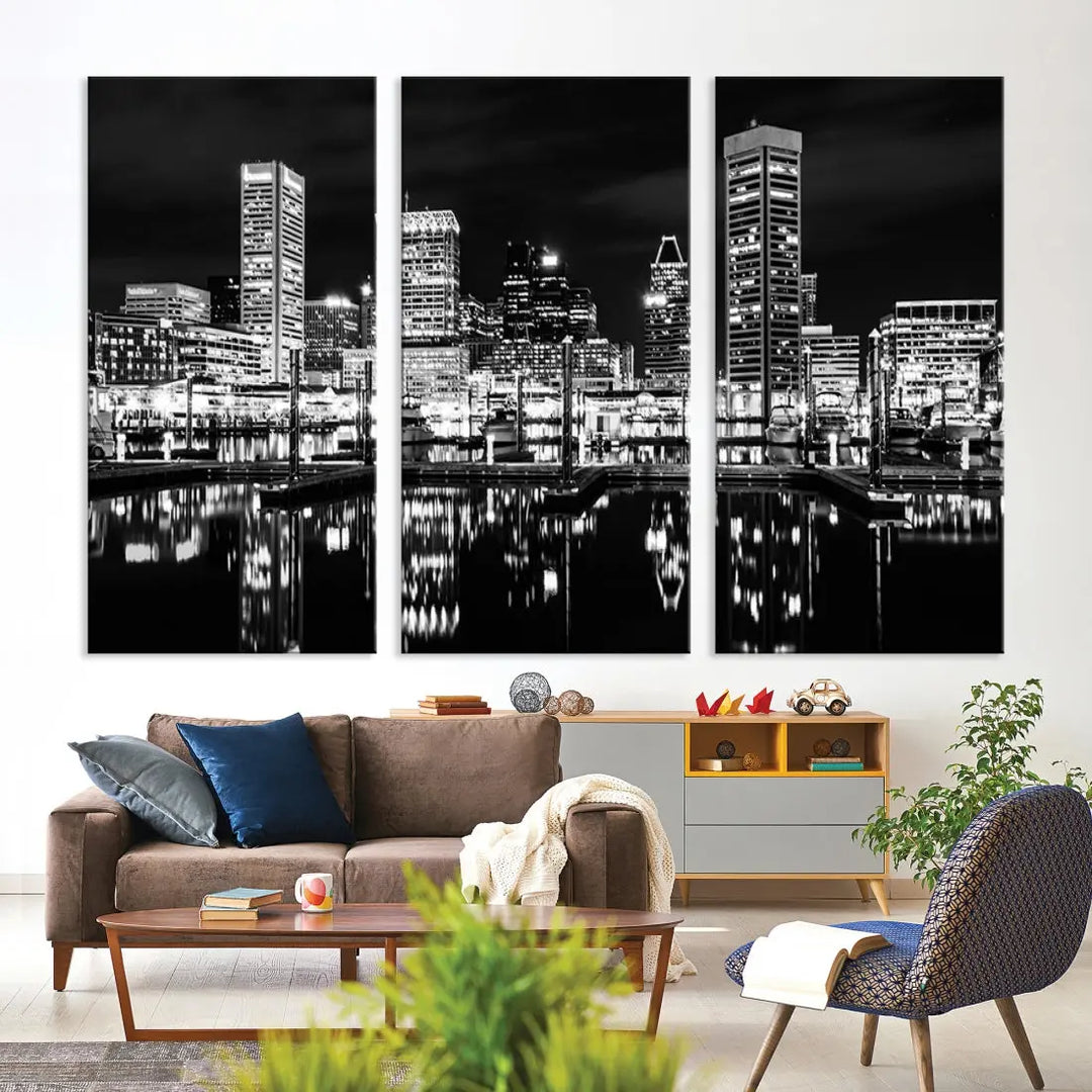 Black and White Baltimore Downtown Skyline Canvas Print Wall Art Ready to Hang