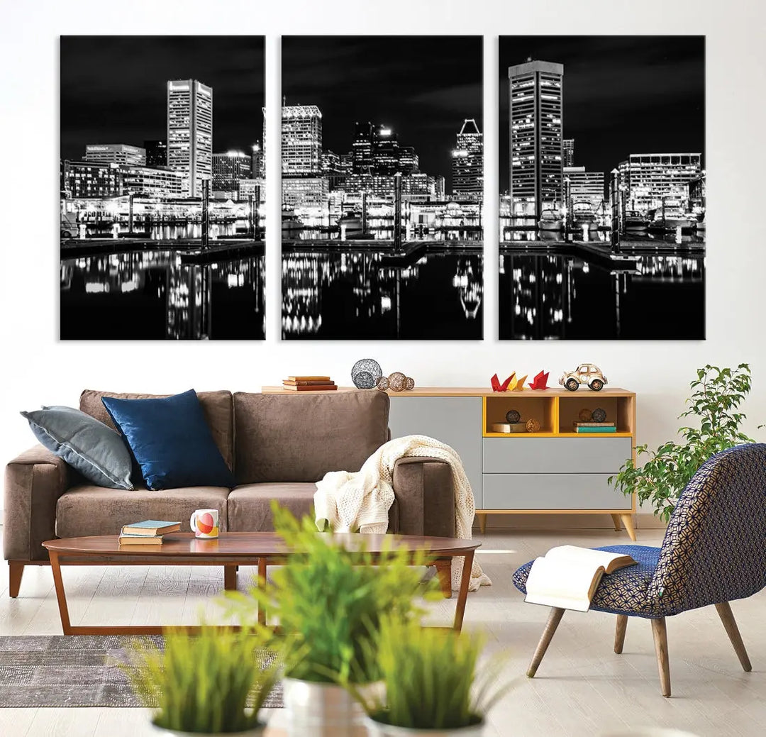 Black and White Baltimore Downtown Skyline Canvas Print Wall Art Ready to Hang