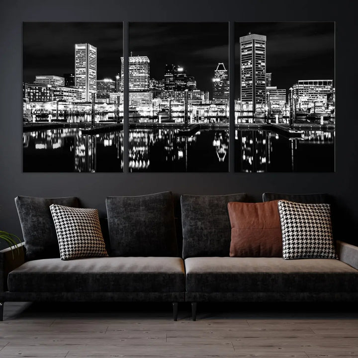 Black and White Baltimore Downtown Skyline Canvas Print Wall Art Ready to Hang