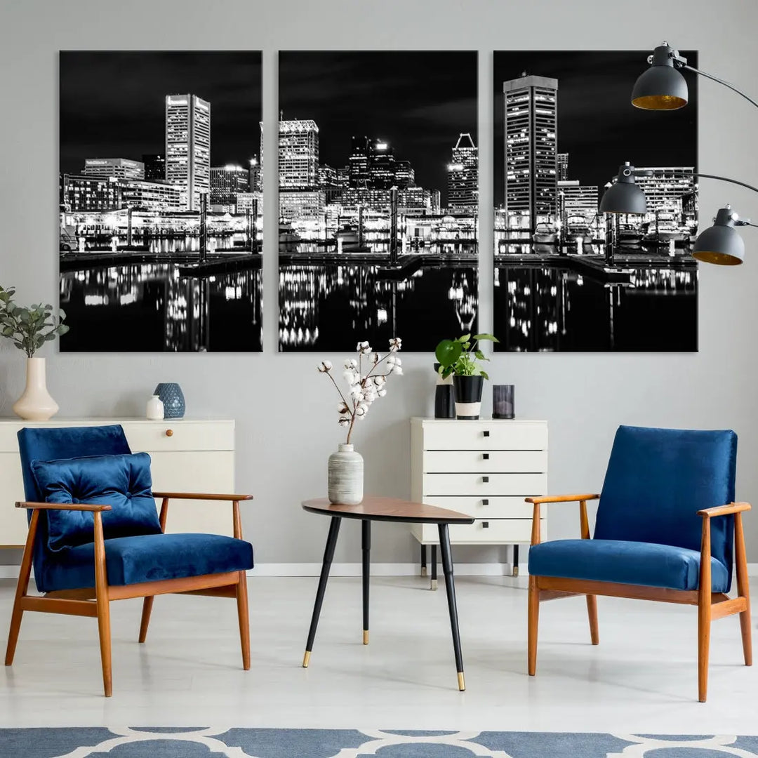 Black and White Baltimore Downtown Skyline Canvas Print Wall Art Ready to Hang