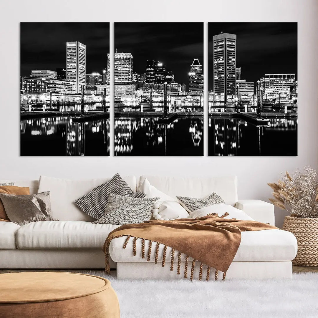 Black and White Baltimore Downtown Skyline Canvas Print Wall Art Ready to Hang