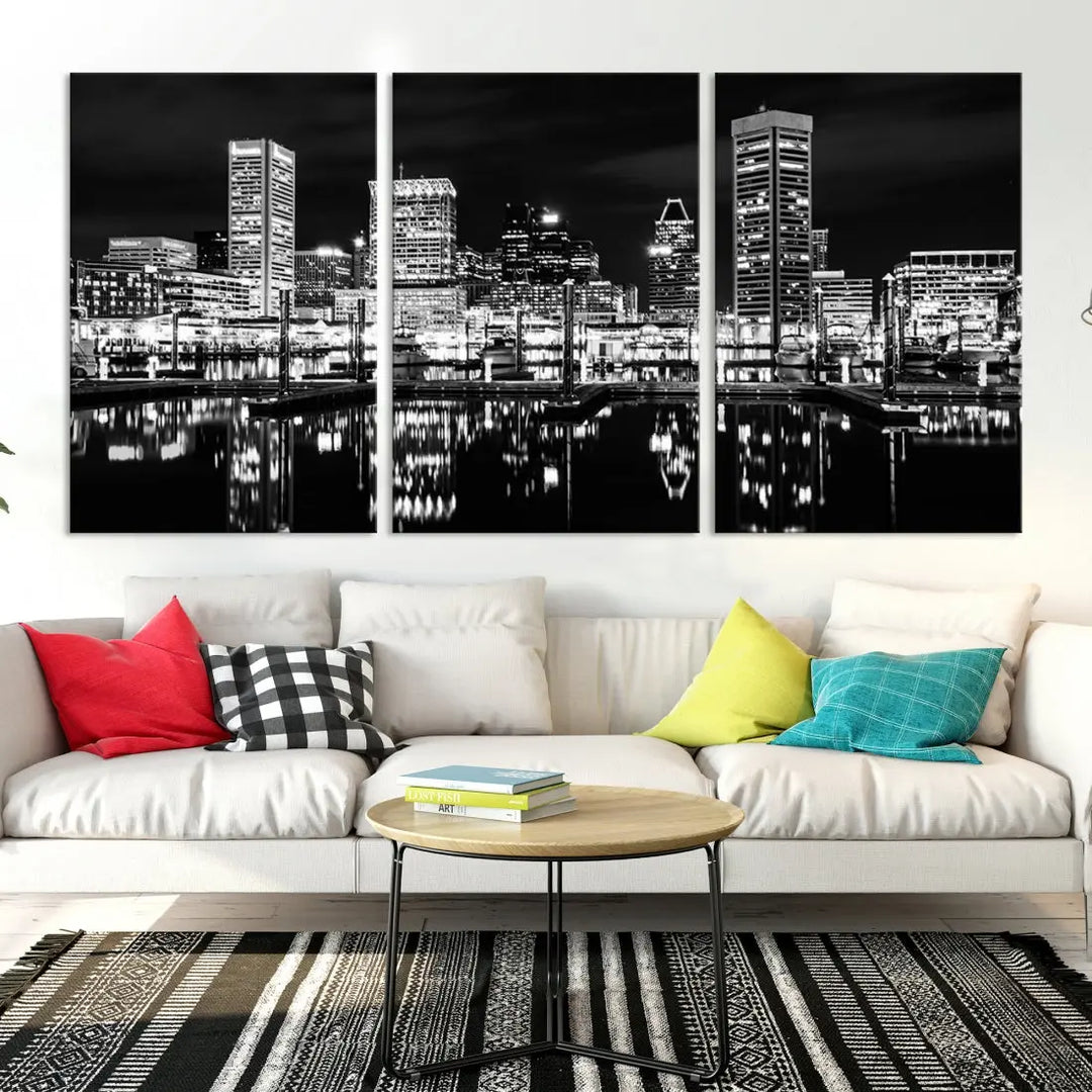 Black and White Baltimore Downtown Skyline Canvas Print Wall Art Ready to Hang