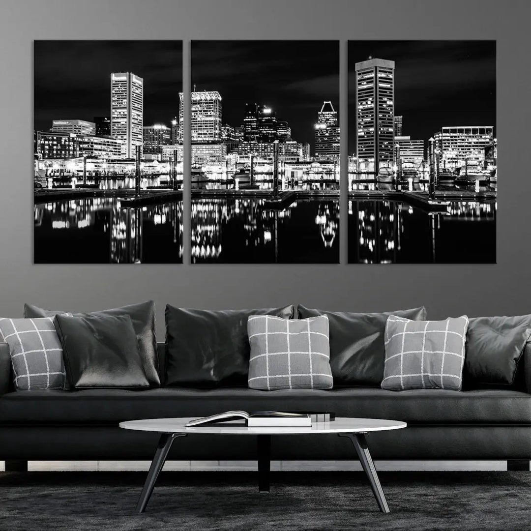 Black and White Baltimore Downtown Skyline Canvas Print Wall Art Ready to Hang