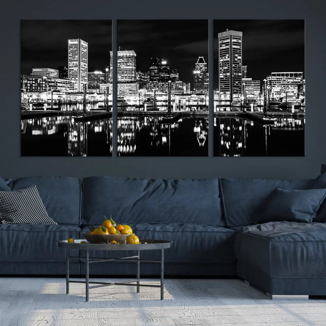 Black and White Baltimore Downtown Skyline Canvas Print Wall Art Ready to Hang