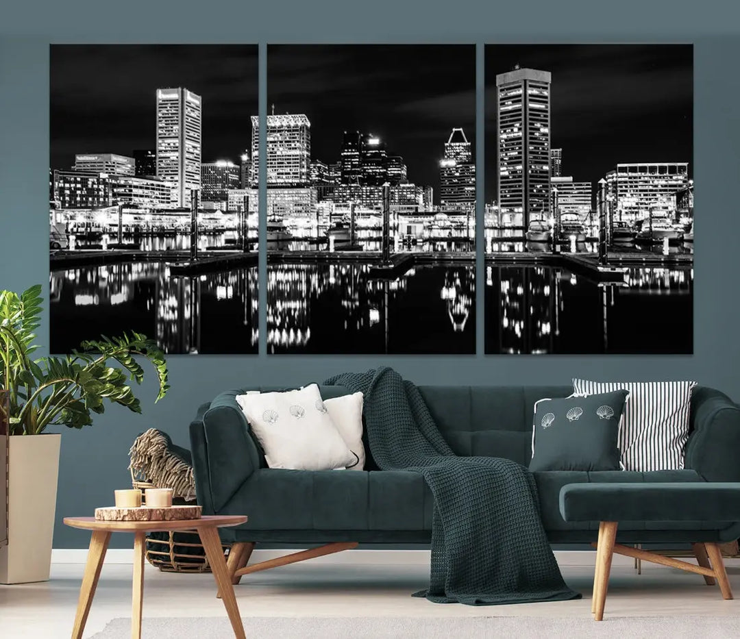 Black and White Baltimore Downtown Skyline Canvas Print Wall Art Ready to Hang