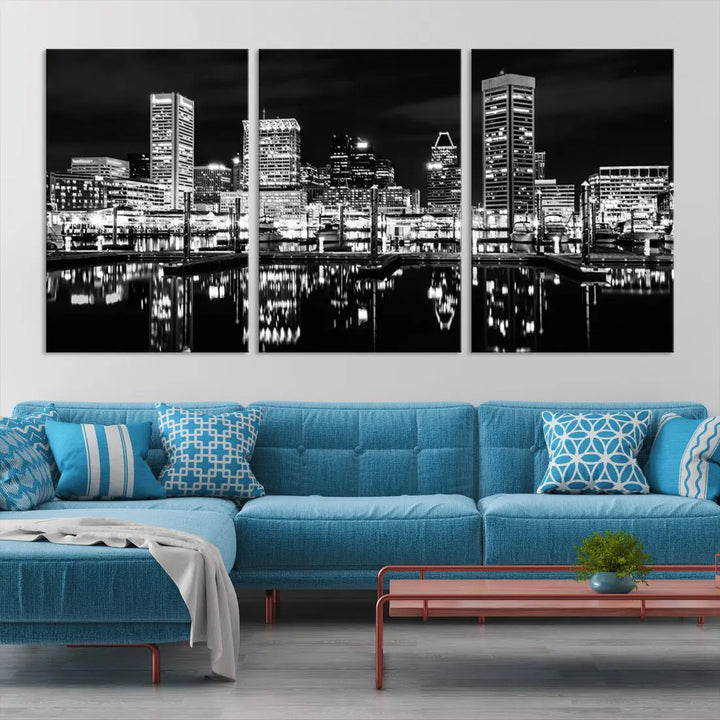 Black and White Baltimore Downtown Skyline Canvas Print Wall Art Ready to Hang