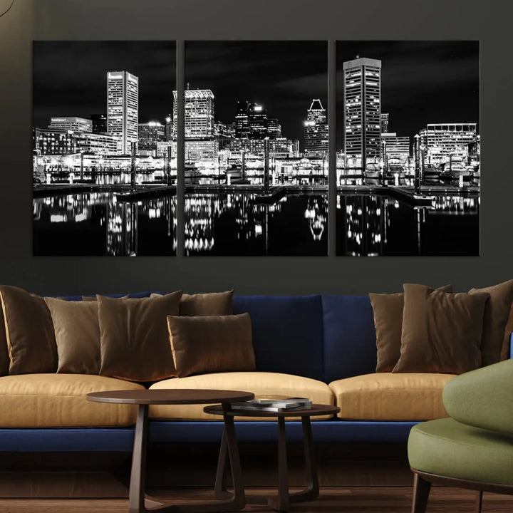 Black and White Baltimore Downtown Skyline Canvas Print Wall Art Ready to Hang