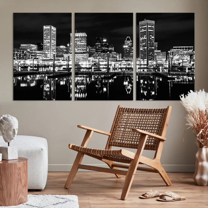 Black and White Baltimore Downtown Skyline Canvas Print Wall Art Ready to Hang