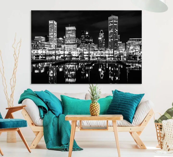 Black and White Baltimore Downtown Skyline Canvas Print Wall Art Ready to Hang